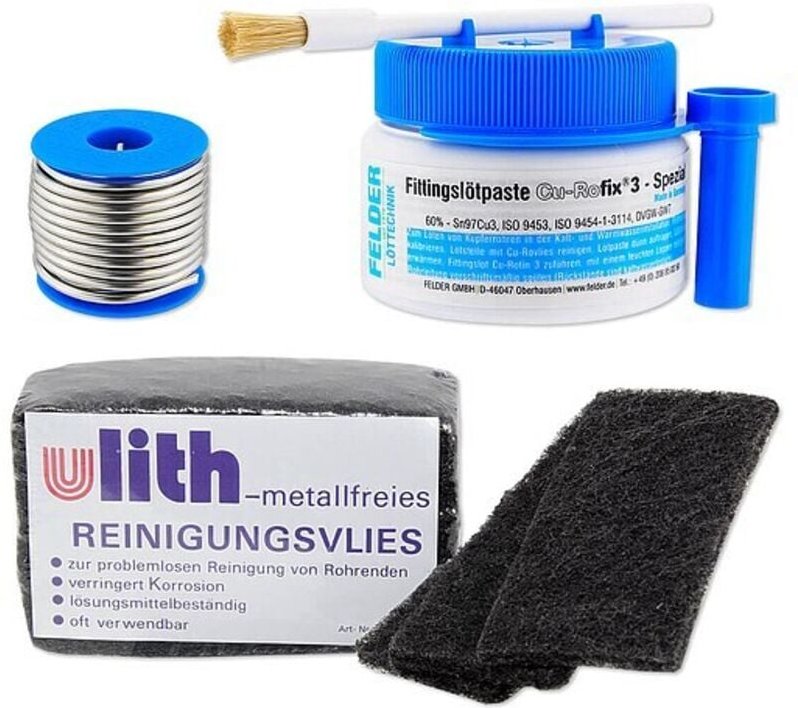 Weichlötset für Kupfer-Fittings - Fittinglötpaste + Lötzinn + 10 Stk. Reinigungsvlies GRATIS