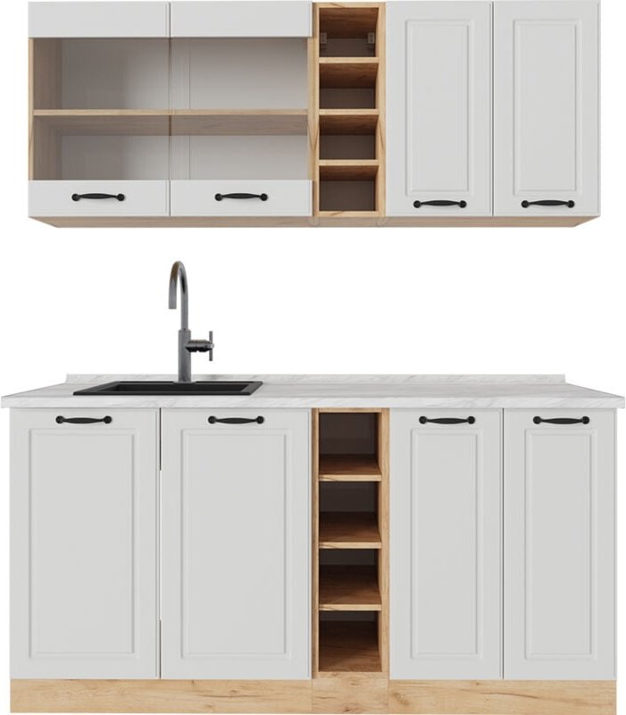 Vicco - Singleküche R-Line, Weiß Landhaus/Goldkraft Eiche, 160 cm , ap Marmor