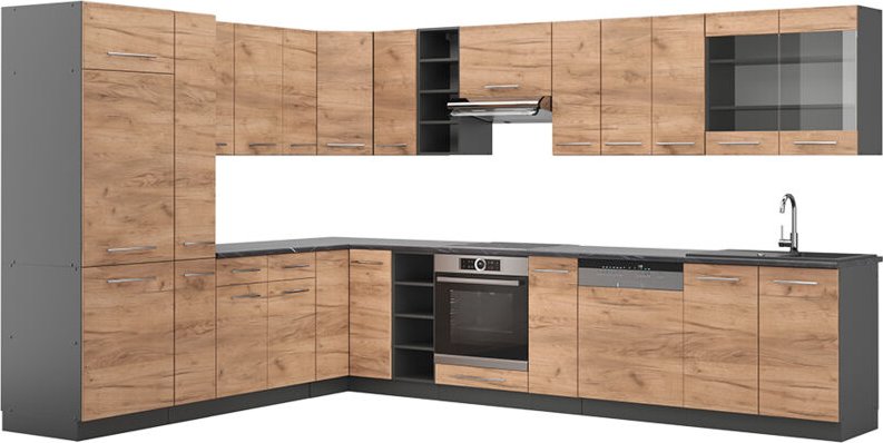 Vicco - Eckküche Fame-Line, Goldkraft Eiche/Anthrazit, 347 x 257 cm ohne Arbeitsplatte