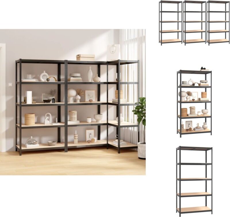 Regale mit 5 Böden 3 Stk. Anthrazit Stahl & Holzwerkstoff - Lagerregal - Industrielles Regal - Metallregal - Holzelement...
