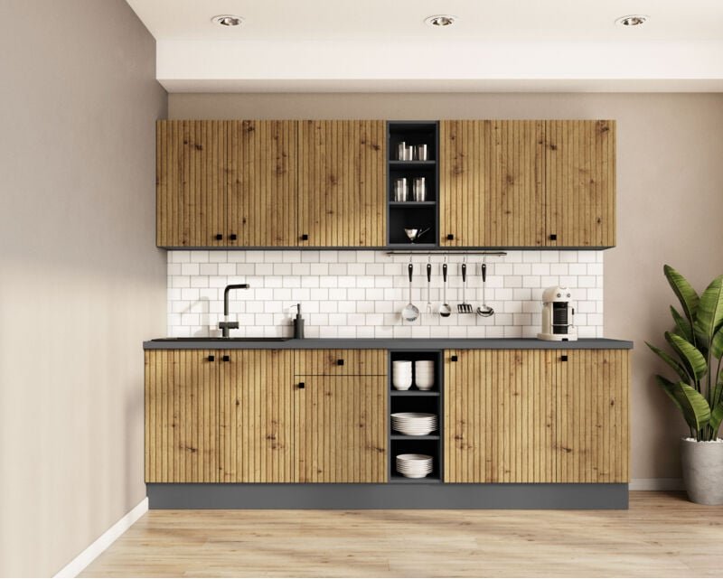 Küchenmöbel-Set Eufemia 260 cm mit Hängeschränken Artisan-Eiche - Furnix