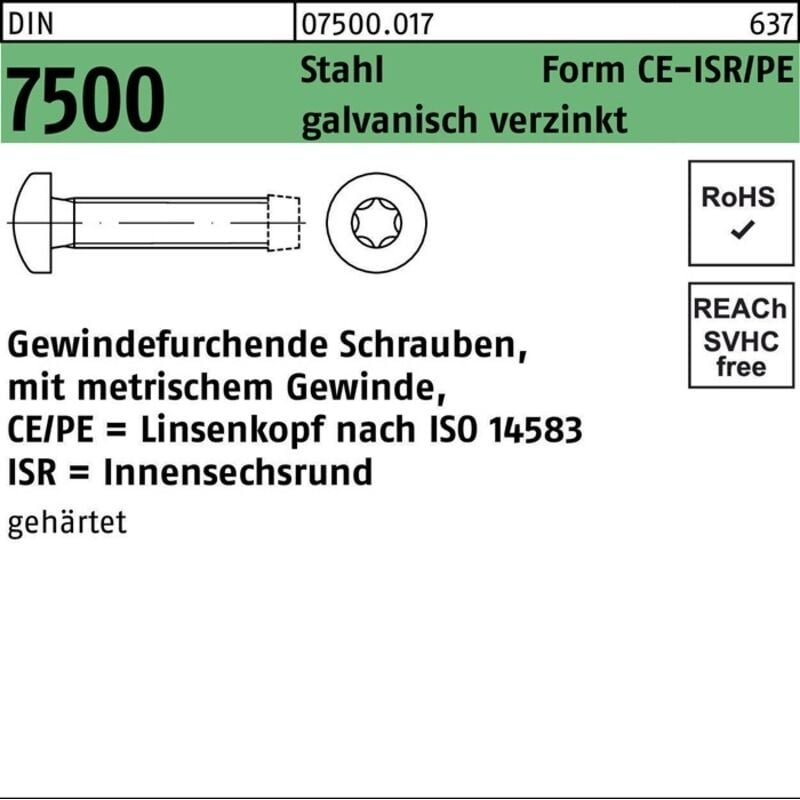 DIN 7500 Form CE Gewindefurchende Linsenkopfschraube VG M3x25 Stahl galvanisch verzinkt TX 1000 Stk