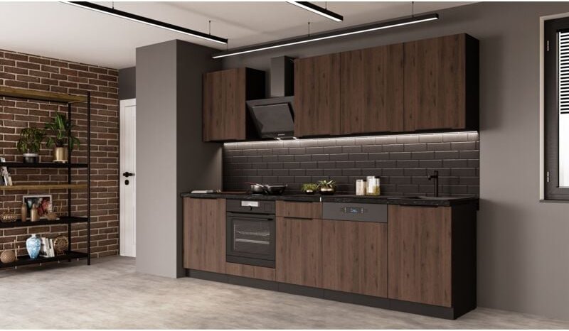 Küche MONZA BASIC 280 cm Küchenzeile Küchenblock Einbauküche Nussbaum Okapi matt + Schwarz matt