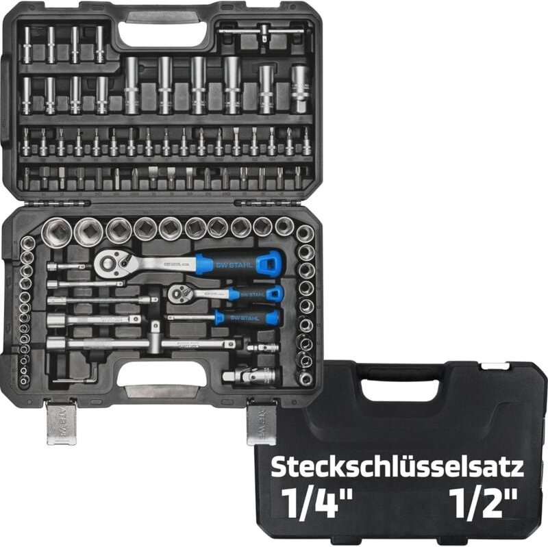 SW-Stahl 07797L Steckschlüsselsatz 97 teilig I Nusskasten mit Ratsche 1/4", 1/2" Sechskant I Werkzeugkoffer I Knarrenkas...