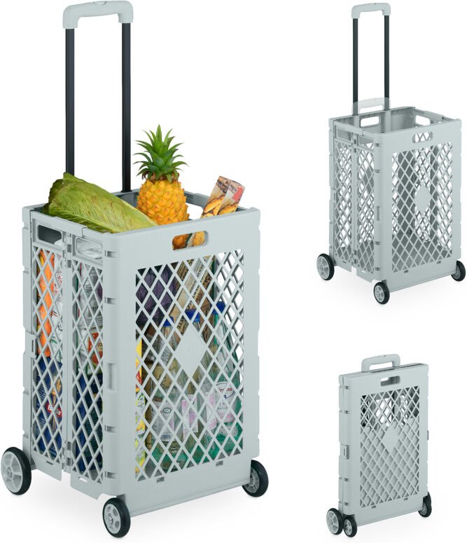 Einkaufstrolley klappbar, Einkaufskorb mit Rollen, bis 25 kg, Teleskopgriff, Gitter, hohe Rollkiste, grau - Relaxdays