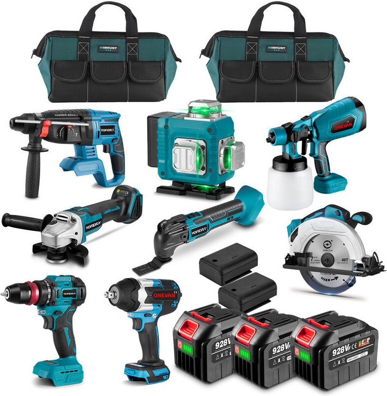 Onevan - 8 SET--Akku bohrhammer + Bohrschrauber +125mm Winkelschleifer+ 1800nm Elektroschrauber+ 180mm Kreissäge + 16Las...