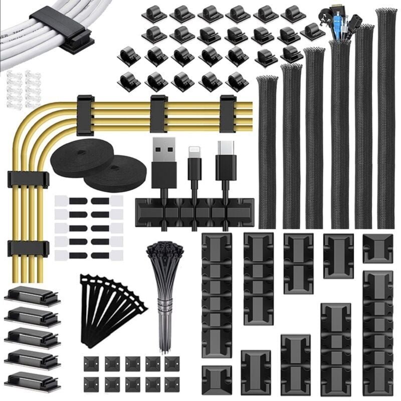 Jalleria - 188 Kabelmanagement-Sets, 6 Kabelhüllen, 50 selbstklebende Kabelbinder, 100 Kabelbinder, 10 Sockel, 20 Kabelb...