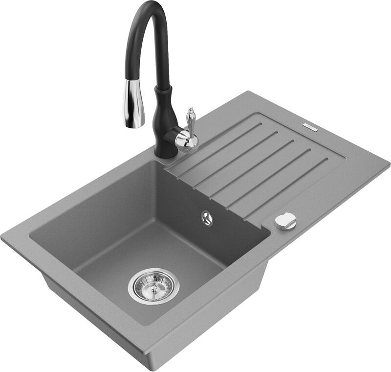Pablo 1 Becken-Granitspüle mit Abtropffläche und Mischbatterie Savita, Grau - 6510-71-672601-7 - Mexen