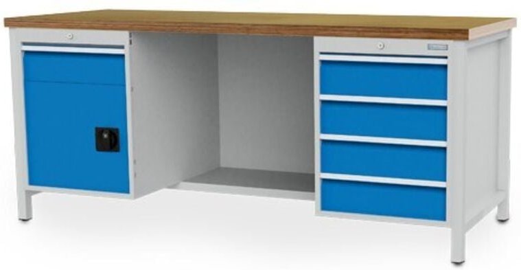 Kastenwerkbank Breite 2000 mm, R18-24, 5 x Schublade, 1 x Flügeltüre, 1 x Stahlfachboden halbe Tiefe, Rückwand Maße in m...