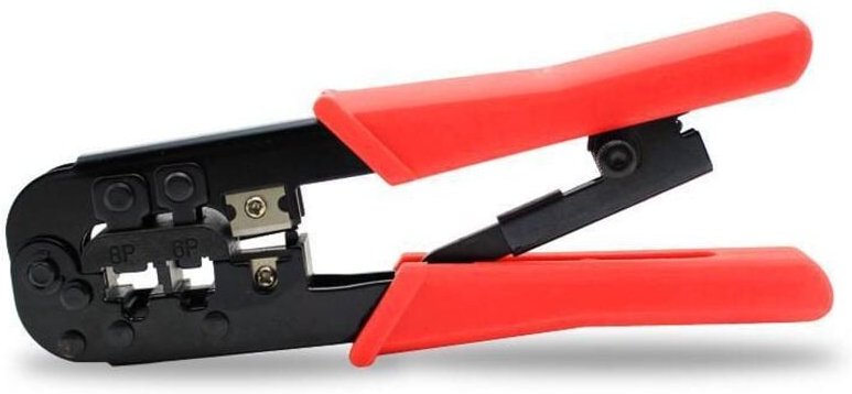 Multifunktionale Crimpzange für Netzwerkkabelverbindungen mit ergonomischen roten Gummigriffen