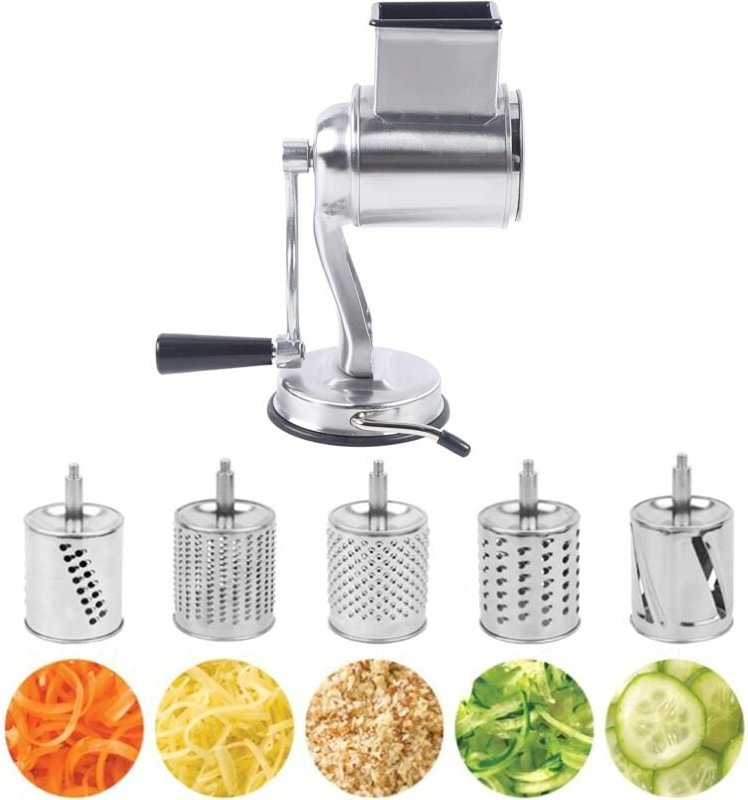Thumbnail - Edelstahl Trommelschneider mit Saugnapf mit 5 Edelstahl-Rolle, Gemüseschneider Gemüseheobel für Käse, Gurken, Karotten, ...