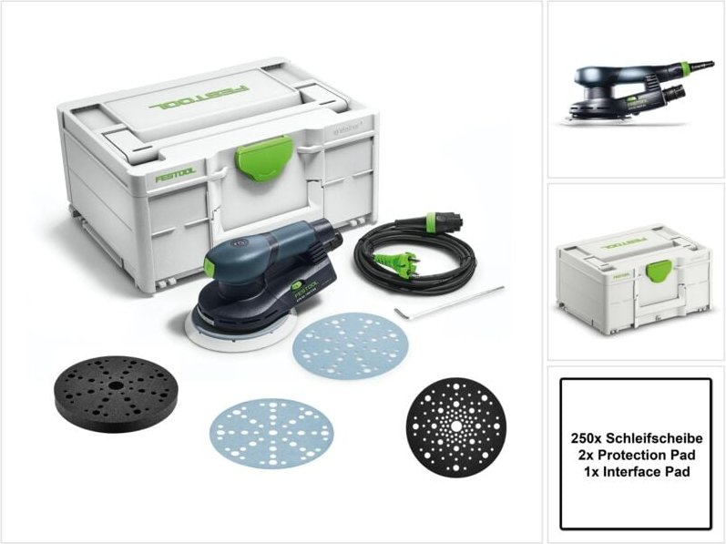 Festool ETS EC150/3 EQ-Plus Exzenterschleifer 400 W 150 mm Brushless + 250x Schleifscheiben + 2x Protection Pad + Interf...