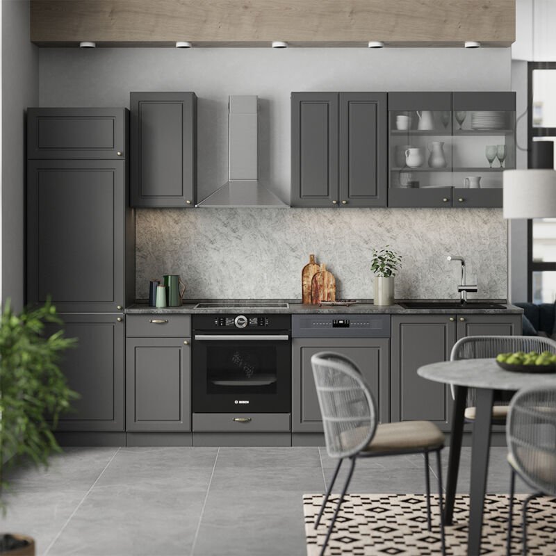 Küchenzeile Fame-Line, Anthrazit-Gold Landhaus, 300 cm , AP Marmor, Vicco