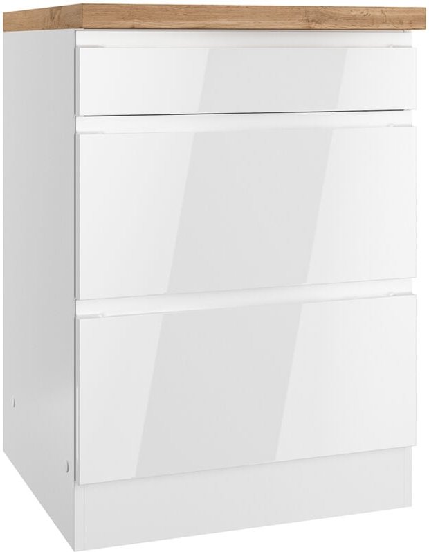 Lomadox - Unterschrank mit Schubladen 60 cm in Hochglanz weiß, Arbeitsplatte Eiche MARSEILLE-03