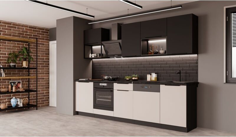 Küchen Preisbombe - Küche arona + siena basic loft 280 cm Küchenzeile Küchenblock Einbauküche Kaschmir beige matt + Schw...