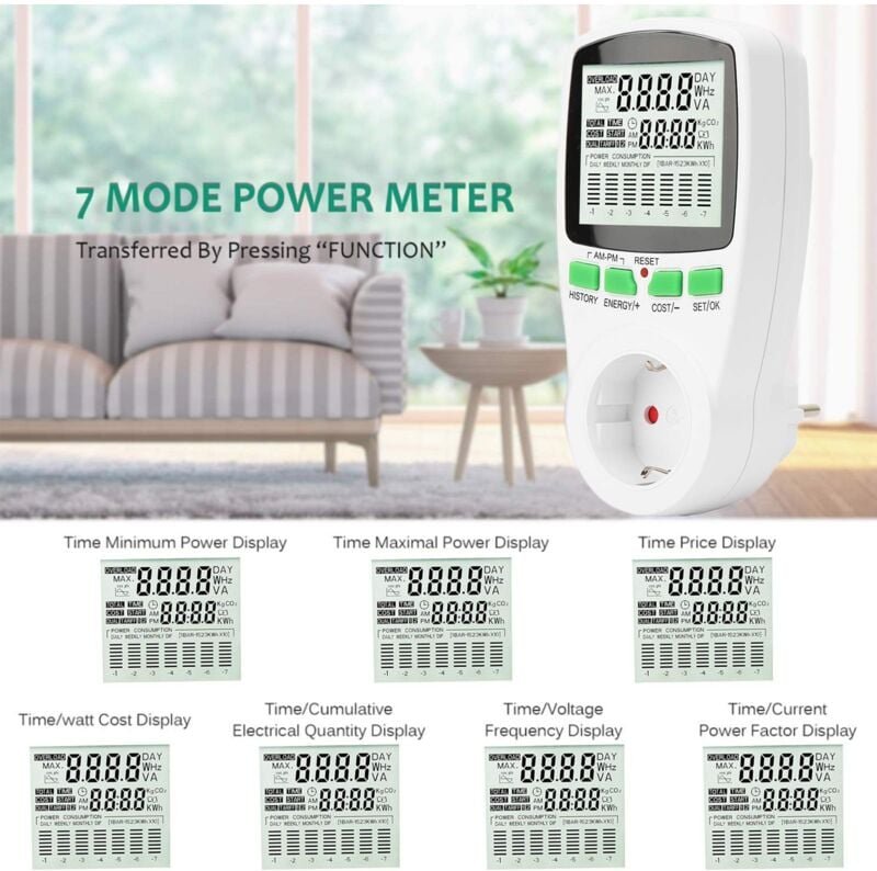 Thumbnail - Stromverbrauchsmonitor - Steckdose mit 7 Modi und LCD-Display, multifunktional zum Energiesparen