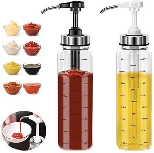 Set mit 2 Glasflaschen mit Olivenölspender (500 ml), tropffrei, bleifrei, für Ketchup, Salatdressing, Honig, Öl