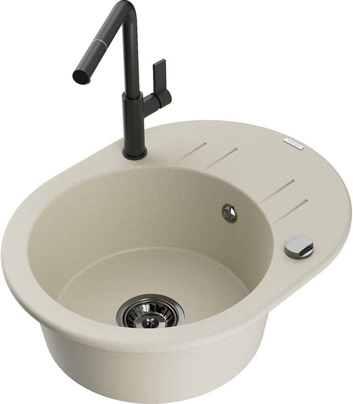 Kevin 1 Becken-Granitspüle mit Abtropffläche und Mischbatterie Flora, Beige - 6517-69-670401-7 - Mexen