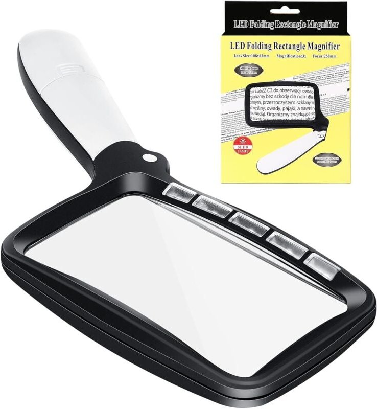 Rechteckige Leselupe, beleuchtete Leselupe, 3-fach große Leuchtlupe mit 5 LED-Leuchten, 2 Intensitätsmodi, für Senioren,...