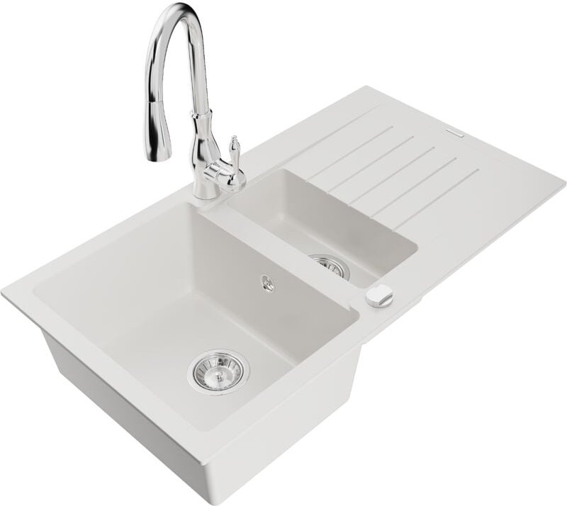 Mexen Matias 1,5-Becken-Granitspüle mit Abtropffläche und Mischbatterie Savita, Weiß - 6502-20-67260