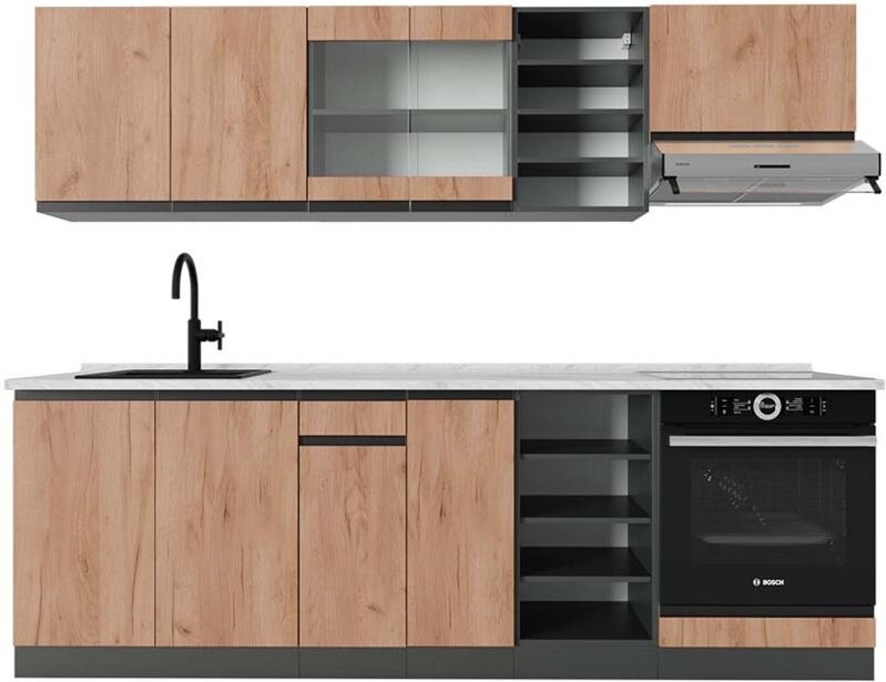 Vicco - Küchenzeile R-Line, Goldkraft Eiche/Anthrazit, 240 cm , ap Marmor