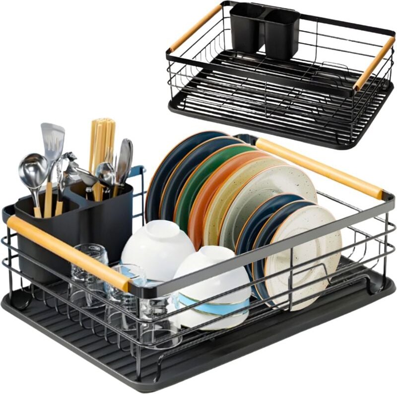 Großer schwarzer Abtropfständer für Besteck und Teller