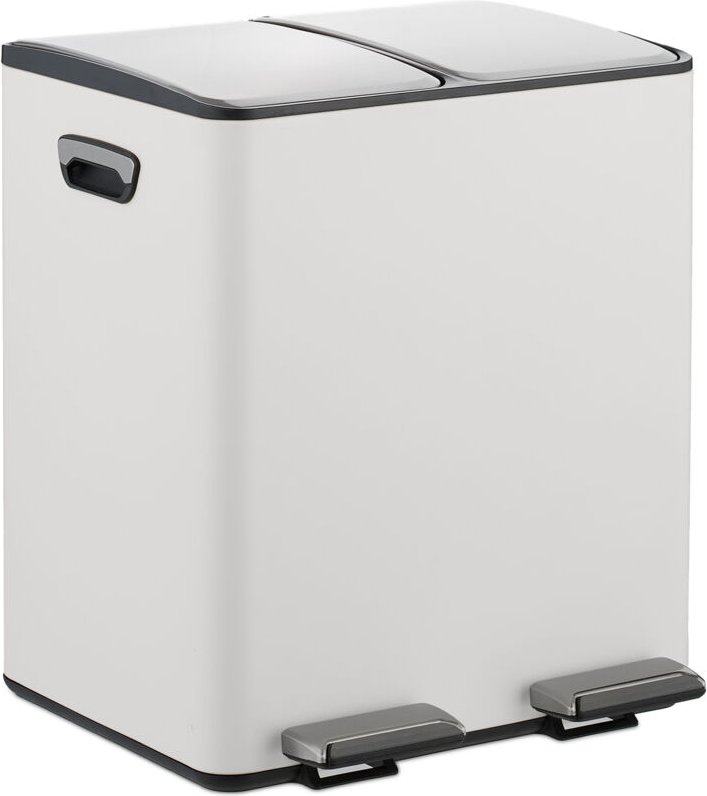 Relaxdays - Mülleimer, 2 Fächer, je 15 Liter, entnehmbare Inneneimer, Fußpedal, Küche, Tretmülleimer, Eisen, weiß/silber