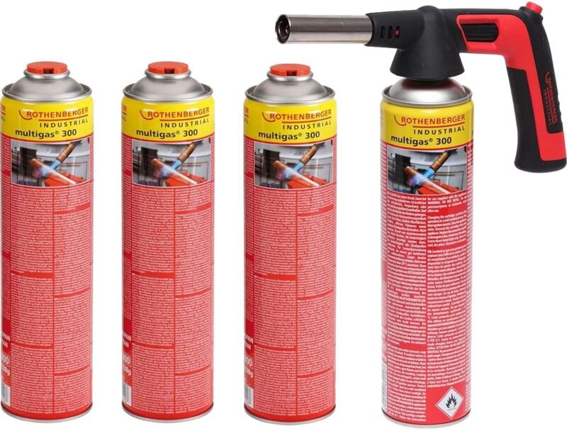 ROTHENBERGER Industrial RS 300 Brenner Aufsatz inkl. 4 x Multigas 338g Piezo 180-360 °C Drehung/Über Kopf Lötbrenner Gas...