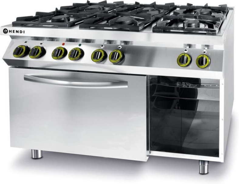 HENDI Gasherd Kitchen Line 6-flammig mit Ofen GN 1/1, Kitchen Line, 230V/3000W, 28,5kW, 1200x722x(H)900mm