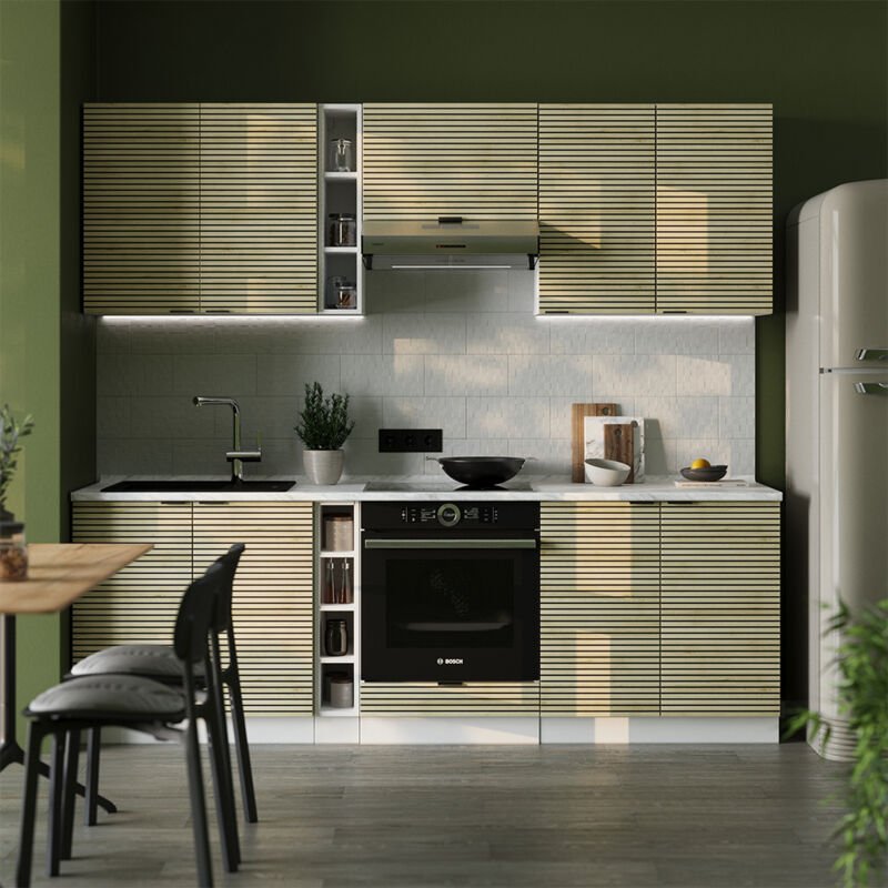 Vicco - Küchenzeile Fame-Line, Eiche Paneel/Weiß, 235 cm ohne Arbeitsplatte