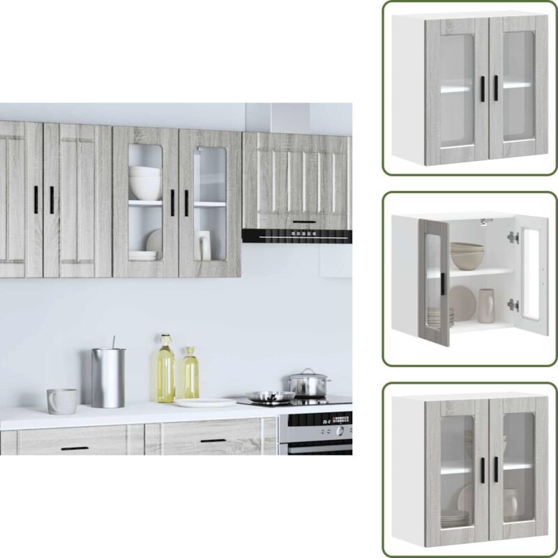 Küchen-Hängeschrank mit Glastür Porto Grau Sonoma - Küchen-Wandschrank - Küchen-Wandschränke - Wandschrank Küche - Küche...