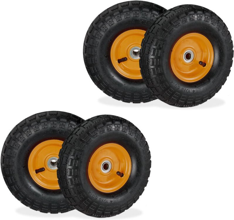 Relaxdays - Sackkarrenrad 4er Set, 4.10 3.50-4, luftbereift, Stahlfelge, 136 kg, Schubkarrenrad, Ersatzrad, schwarz/oran...
