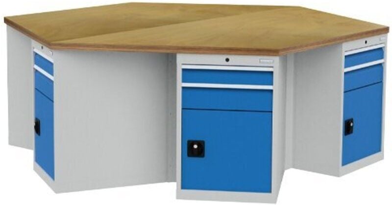 6-Eck-Werkbank, Breite 2500mm, 6 x Schubladenschrank Maße in mm (BxTxH): 2500 x 2165 x 859