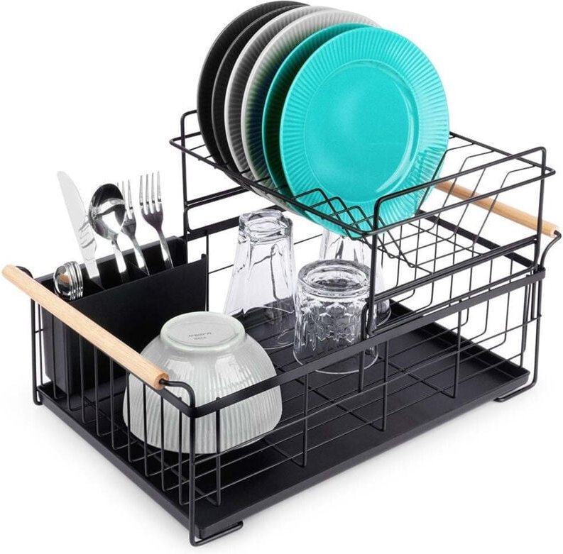 Two tier dish rack black with bamboo handle and drip tray