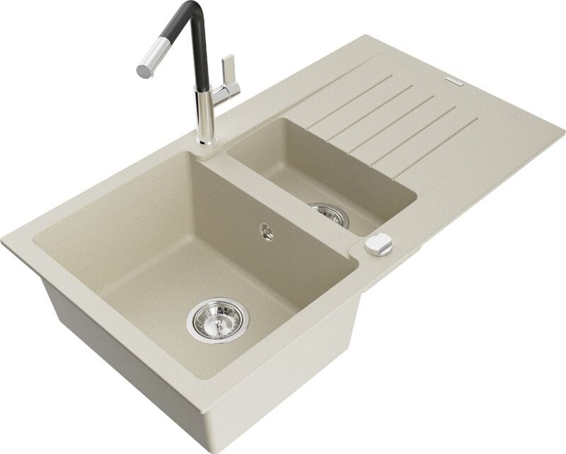 Matias 1,5-Becken-Granitspüle mit Abtropffläche und Mischbatterie Flora, Beige - 6502-69-67040 - Mexen