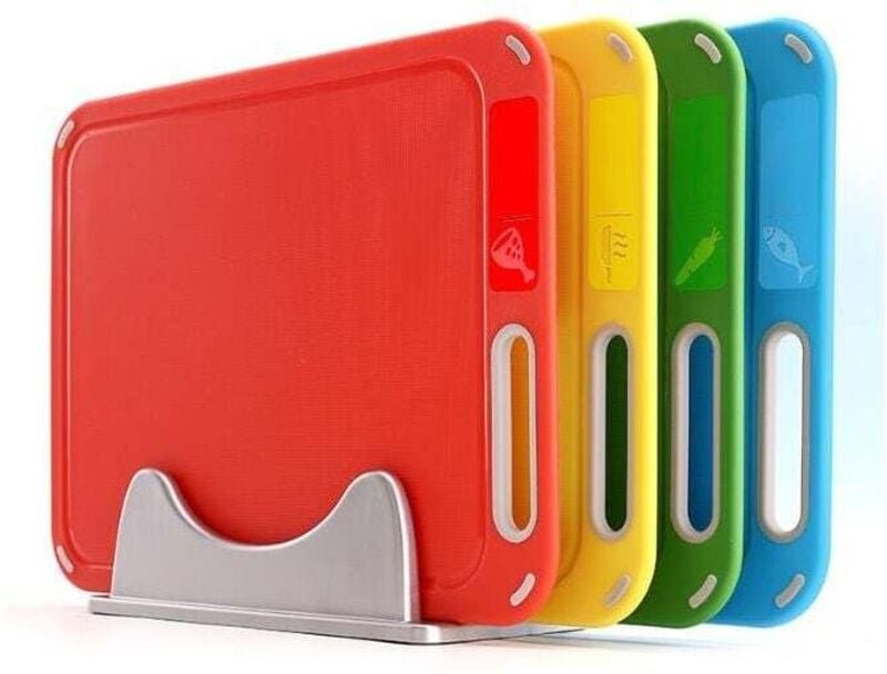 Schneidebrett aus Kunststoff mit Ablagegitter, BPA-frei, 4er-Pack, verhindert Kreuzkontamination verschiedener Lebensmit...