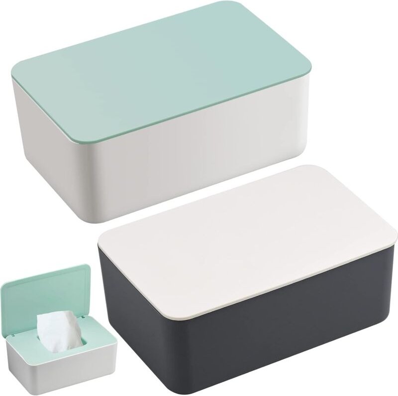 2 Stück Feuchttücherbox, Babytücherboxen mit Deckel für das Home Office - Grün und Grau