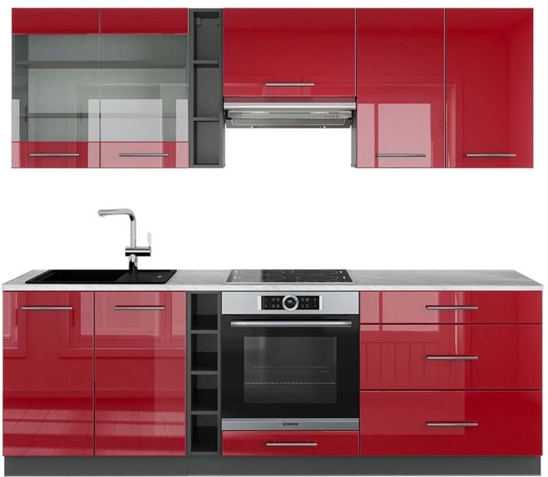 Vicco - Küchenzeile Fame-Line, Bordeaux Hochglanz/Anthrazit, 235 cm , ap Marmor