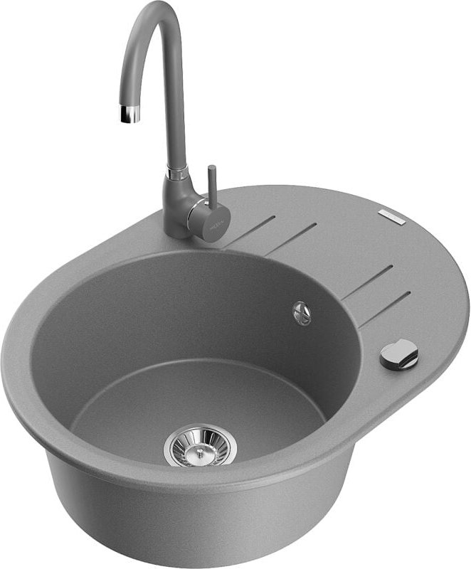 Mexen Kevin 1 Becken-Granitspüle mit Abtropffläche und Mischbatterie Telma, Grau - 6517-71-670200-71