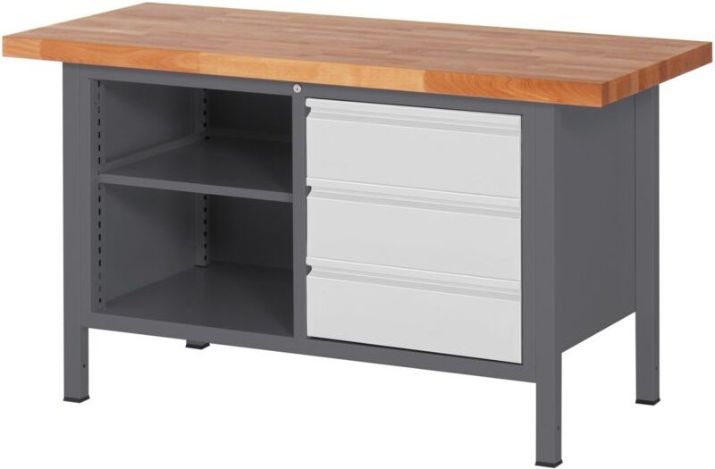 Höhenverstellbare Werkbank Premium mit 3 Schubladen und einem offenen Fach BxTxH 1500x700x840-1040mm - Stier