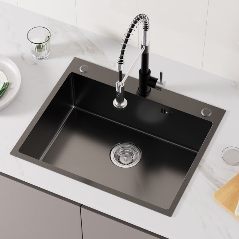 60 x 49 cm Spülbecken Rechteckig, Edelstahl Waschbecken Küche Einbauspüle mit Siphon/Ablaufschlauch, Überlaufloch, 3 Bef...