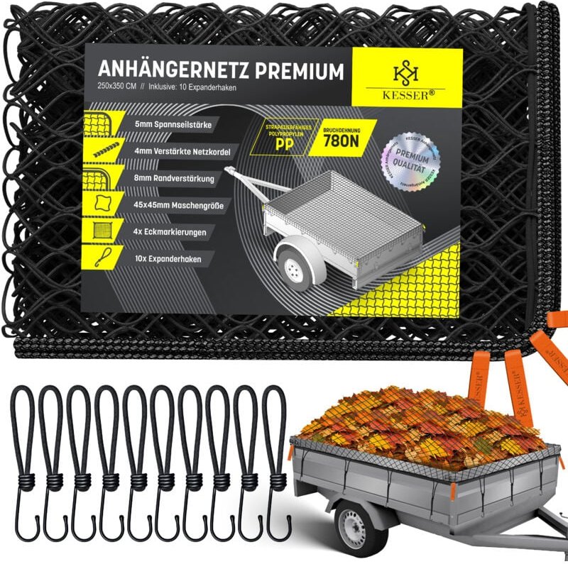 Kesser - Anhängernetz feinmaschig mit Haken Hängernetz mit Spannseil, Netzkordel & 8mm Randverstärkung für Ladungssicher...