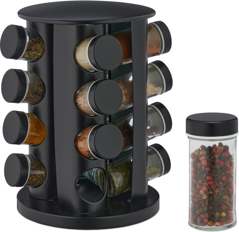 Relaxdays - Gewürzkarussell mit 16 Gewürzdosen, inkl. Streueinsatz, drehbar, nachfüllbares Gewürzregal für Küche, schwar...