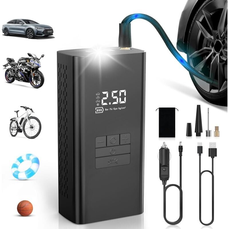 Kabelloser Reifenfüller, tragbarer Luftkompressor – schneller 45 l/min Autoreifenfüller mit Powerbank-Unterstützung, LED...