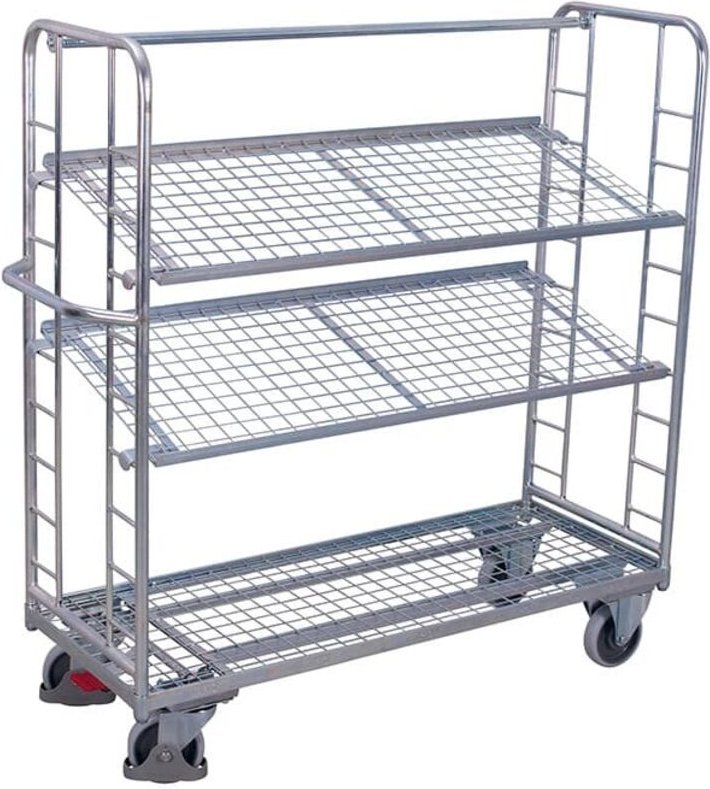 VARIOfit Etagenwagen mit vergitterten Seiten, Rohrschiebegriff und 2 neigbaren verzinkten Drahtgitterböden 1355x550mm