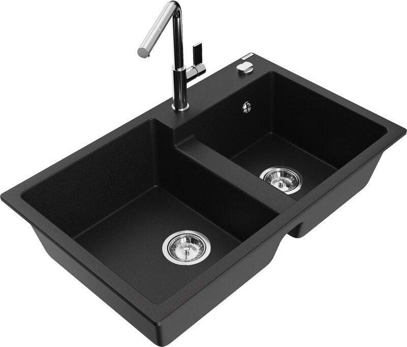 Tomas 2-Becken-Granitspüle mit Mischbatterie Flora, Schwarz - 6516-77-670401-00 - Mexen