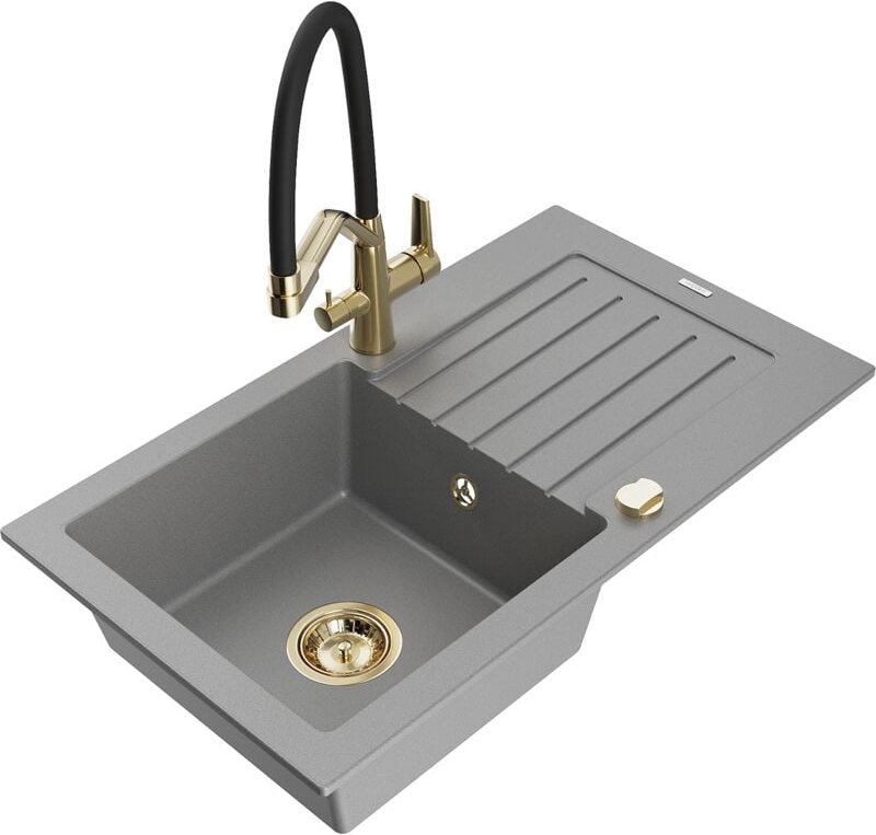 Pablo 1 Becken-Granitspüle mit Abtropffläche und Mischbatterie Duo, Grau - 6510-71-671701-57-G - Mexen