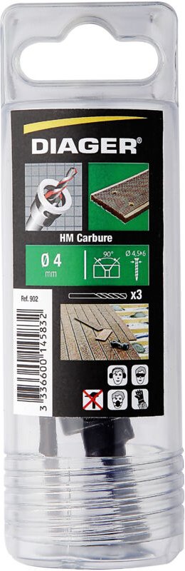 Terrassenbausatz Diager Holz - Hartmetallfräser 45°+ Tiefenanschlag +3 Bohrer Ø4 + Montageschlüssel - 902D04