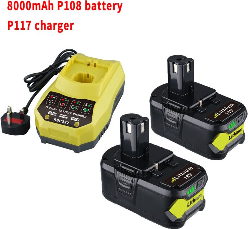Thumbnail - Pdstation - 2er-Pack verbesserter 8,0-Ah-Ersatz für Ryobi 18-V-Akku und Ladegerät-Kombination, kompatibel mit Ryobi 18-V...