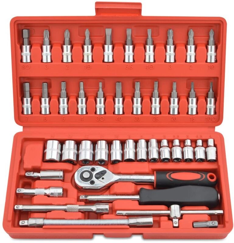 46-teiliger 1/4-Zoll-Steckschlüssel- und Bitsatz, metrisches Set, flexible Verlängerungsstangen mit umschaltbarem Ratsch...